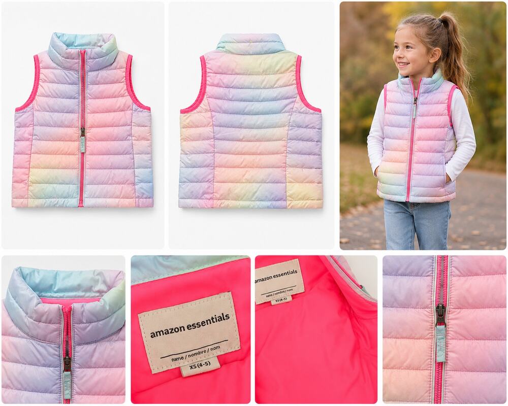 Amazon Essentials Girls Rainbow Ombre Quilted Puffer Vest XS (4-5)